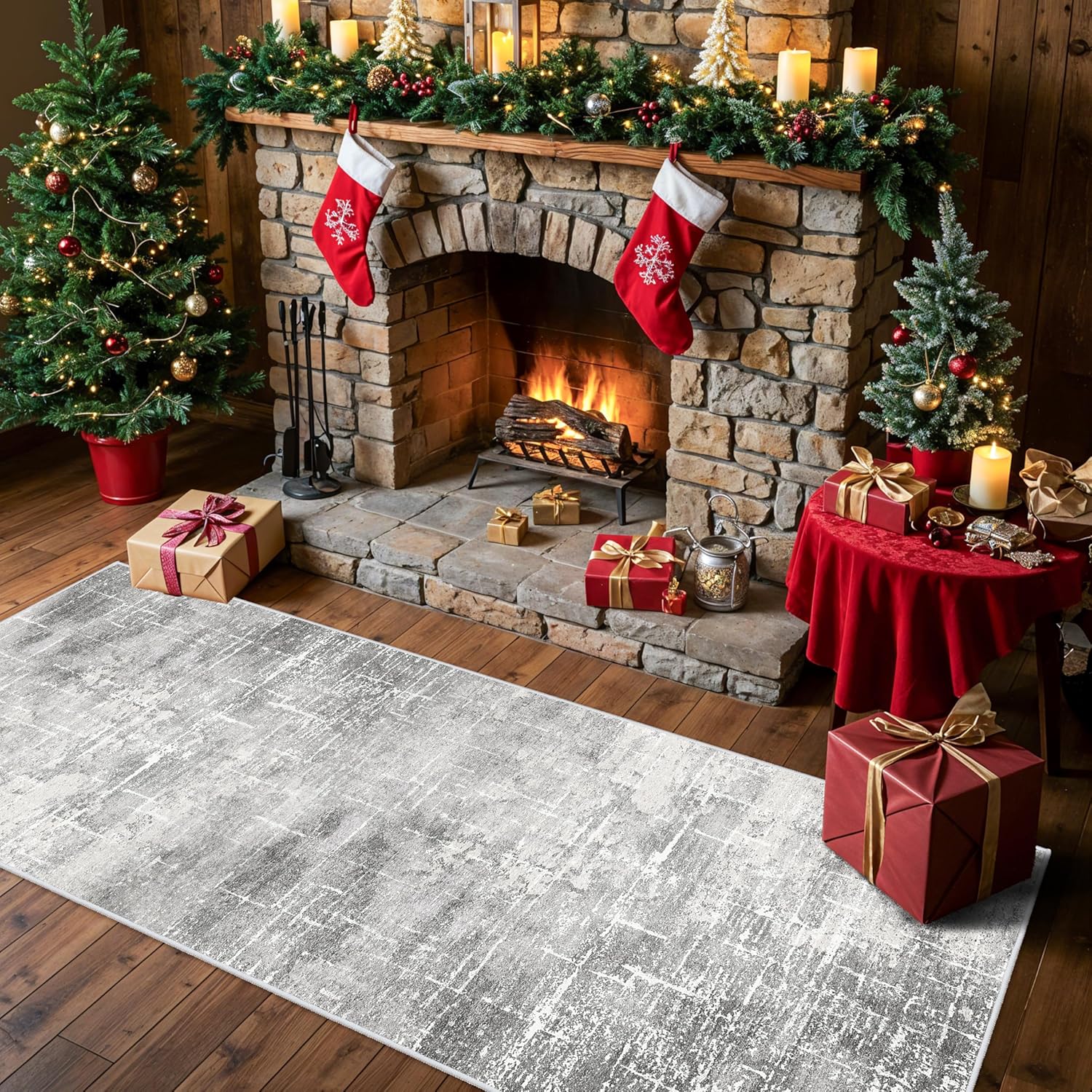 Skiennix Washable Abstract Kitchen Rug - Non-Slip Water-Resistant Runner for Dining & Entryway | 2x6 Light Grey