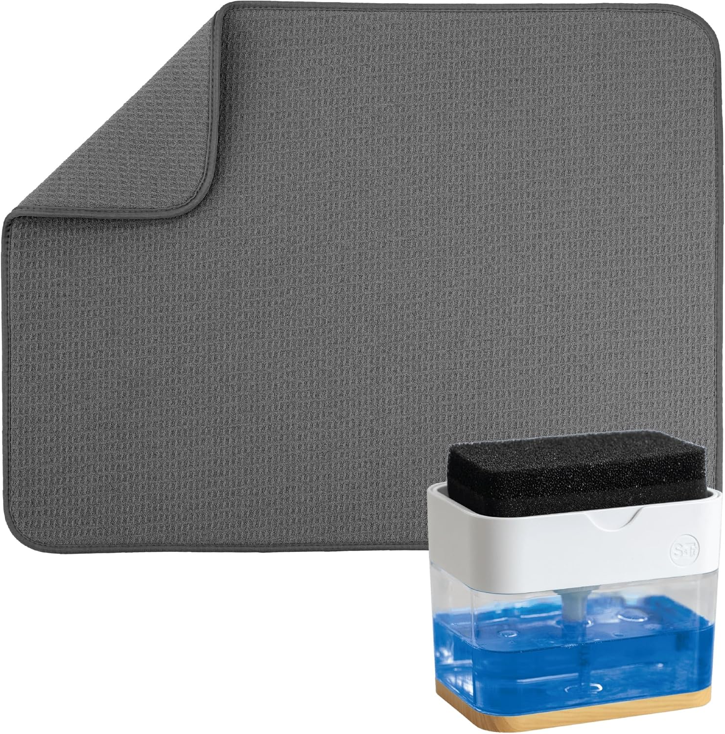 S&T INC. Dish Drying Mat - 18" x 24" Charcoal with White & Bamboo Soap Dispenser Bundle