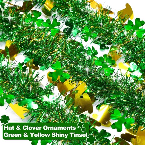 3 Pack Total 49.2 Ft St.Patrick's Day Tinsel Garlands Decorations DIY Shamrocks Wreath for Front Door Irish Leprechaun Hat St.Patrick's Day Decorations Outdoor Indoor Home,16.4Ft by 4.3",Green Gold