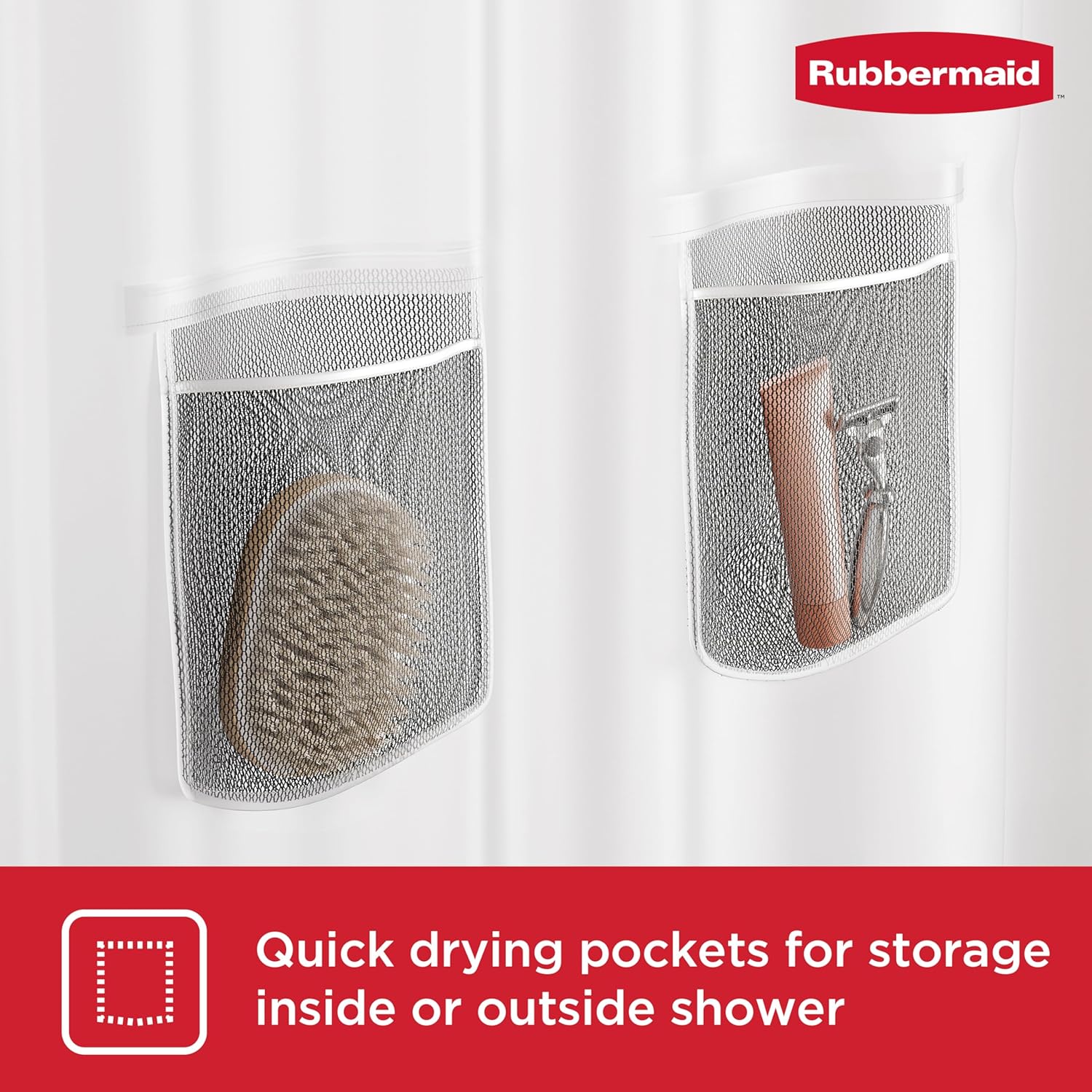 Rubbermaid Waterproof Shower Curtain Liner - Heavyweight PEVA with 5 Storage Pockets | 70x72, Frosty