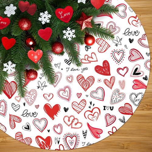 Valentine's Day Tree Skirt 48 Inch Red Love Heart Xmas Tree Skirt Indoor Outdoor Valentines Decorations Romantic Christmas Tree Mat for Home Party Holiday Decor