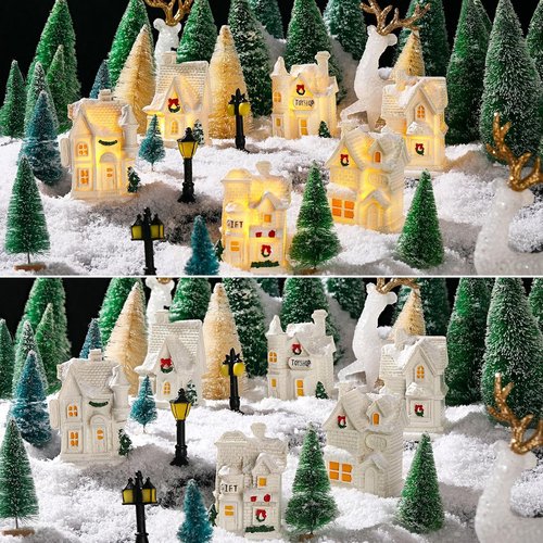Kasyat Winter Village Set - 50 Pcs LED Lighted White Houses & Mini Trees for Christmas Decor