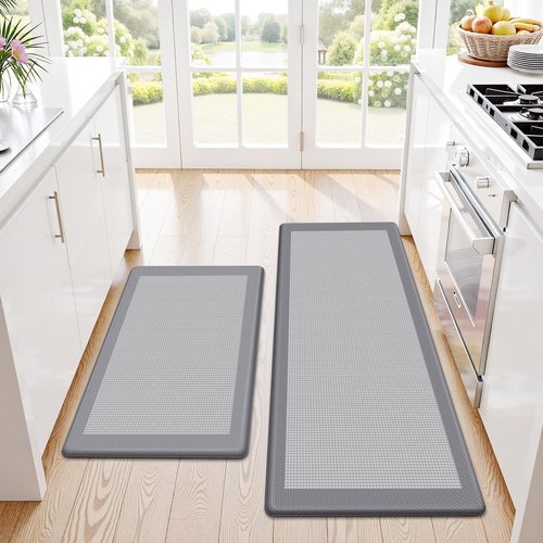 SofterCharm Kitchen Mats, 2PCS Kitchen Rugs for Floor, Cushioned Anti-Fatigue Mats for Kitchen Floor, Non-Slip Standing Desk Mat for Sink, Home, Laundry & Office, 17.3"x30"+17.3"x47" (Grey)