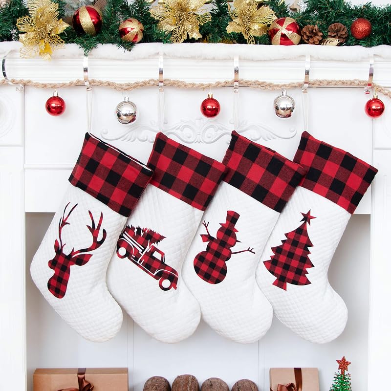 Set of 4 20in Christmas Stockings – Buffalo Plaid Rustic Farmhouse Cotton with White Variation