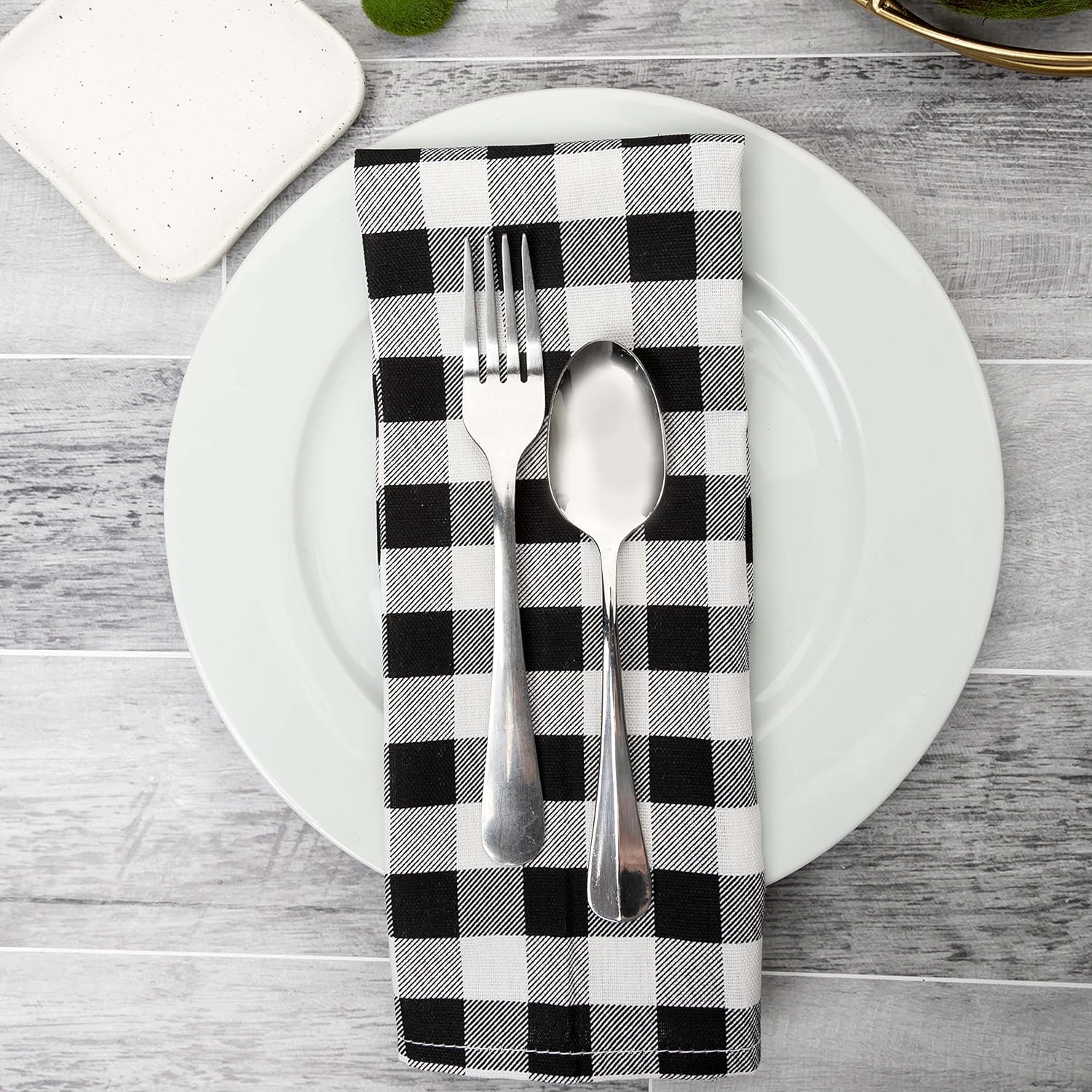 PERLLI Cotton Cloth Napkins - 12 Pack 18x18 Inches | Black and White Plaid Design, Washable & Reusable for Elegant Table Settings