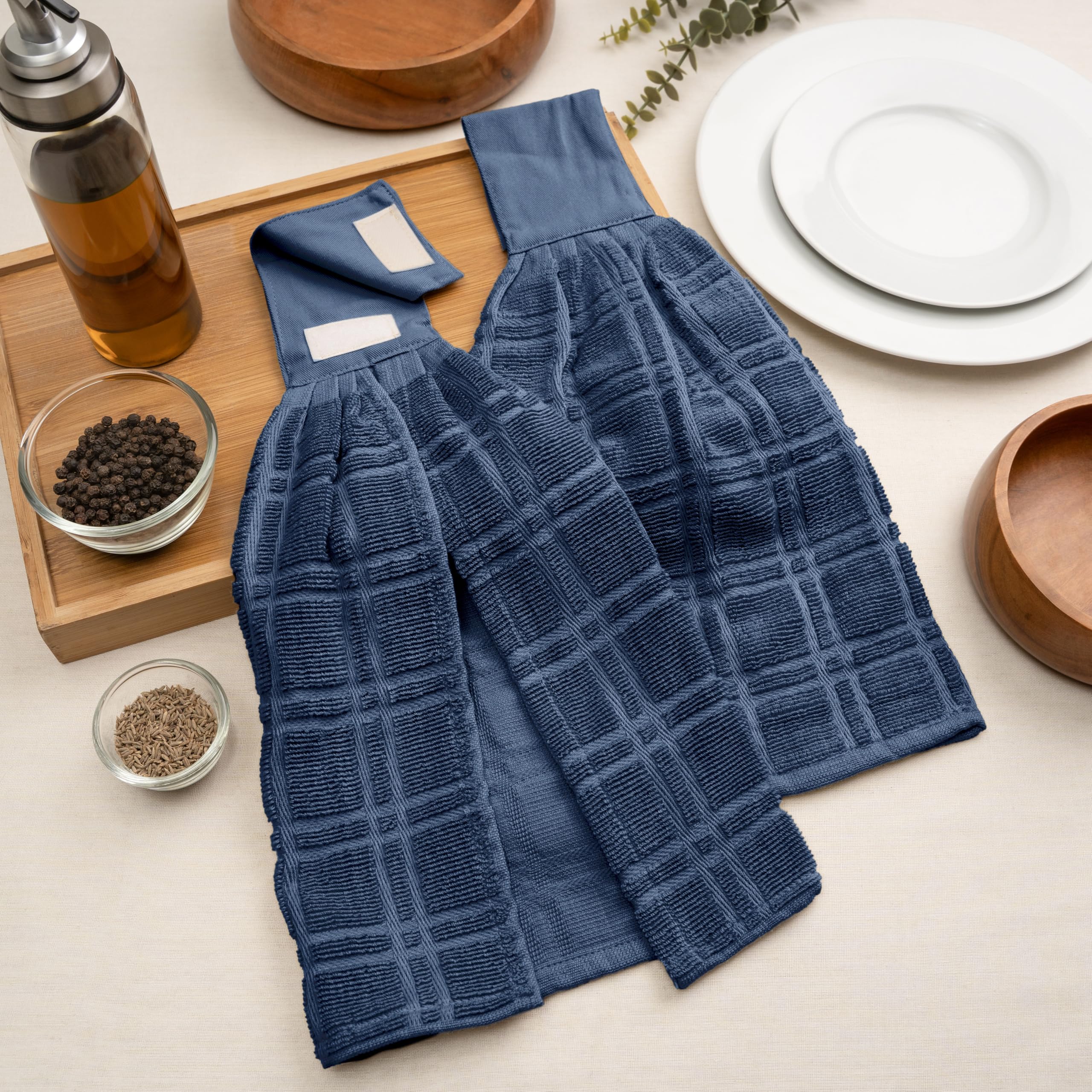 Blue Needles Hanging Kitchen Towels - Blue 100% Cotton Solid Kitchen Tie Towel, Set of 2 Hand Dish Cloth with Hanging Loops 9 x 17 Inches, Absorbent, Super Soft, and Fast Drying Home Essential