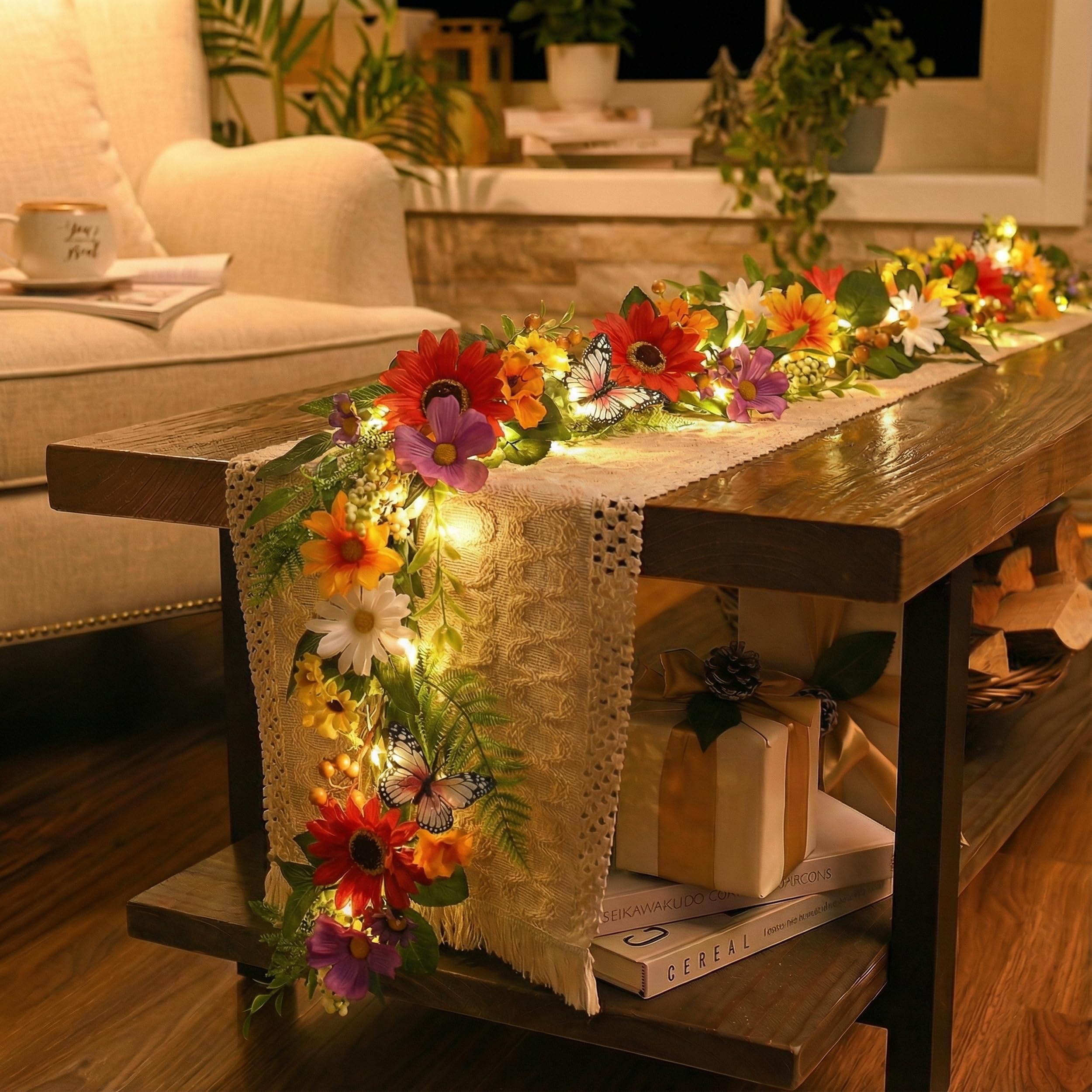 Valery Madelyn 6FT Spring Garland for Mantle, Artificial Flower Garland with Daisy Leaves Butterfly for Home, Fireplace Garland with Lights Backdrop Decor