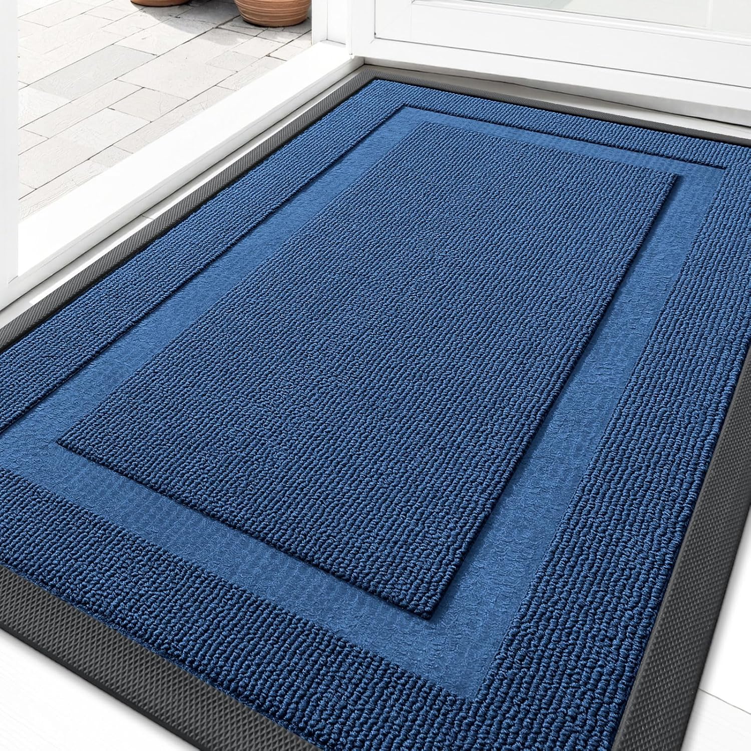 OLANLY Waterproof Front Door Mat - All-Season Natural Rubber Doormat | Easy Clean, Low Profile, 29.5x17, Navy Blue