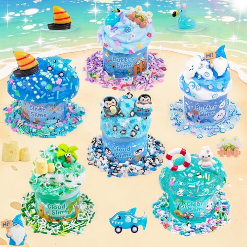 LAWOHO Blue Ocean Slime Kits - 6 Pack Non-Stick Butter Cloud Slime for Ages 8-12 | Perfect Birthday & Holiday Gifts