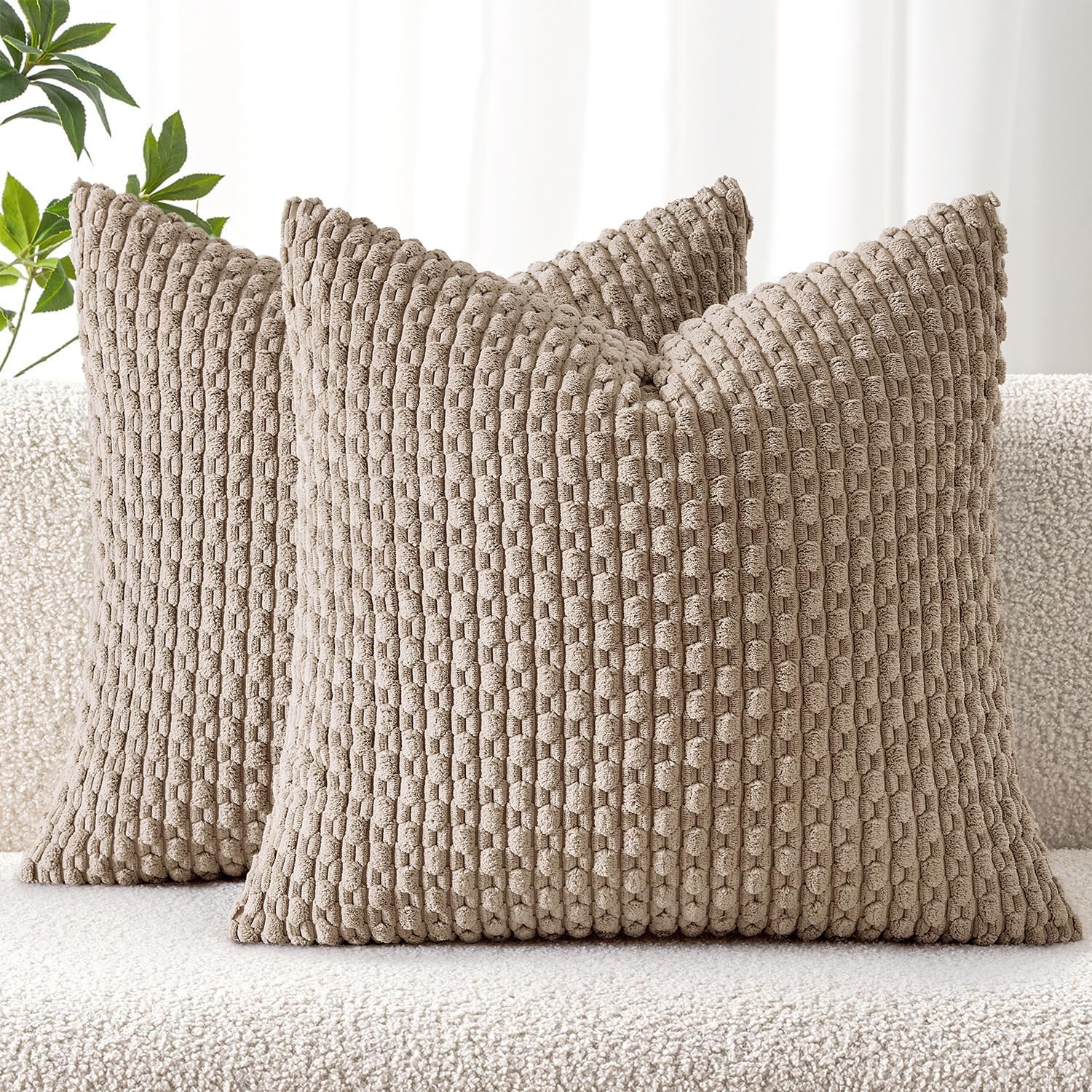 MIULEE Pack of 2 Decorative Throw Pillow Covers 18x18 Inch Soft Boho Striped Textured Corduroy Pillow Covers Modern Farmhouse Home Decor for Couch Bed Sofa Living Room Neutral Light Brown