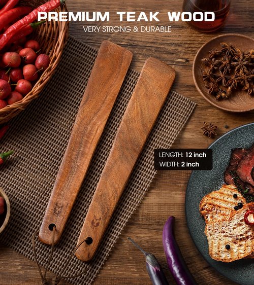 12 inch Teak Wooden Spatula for Cooking, Small Wood Flipper, Egg Scraper, Flat Wood Turner, Multipurpose Wooden Cooking Utensils, Spatulas Spoons Perfect for Flipping, Scraping & Turning, Set of 2