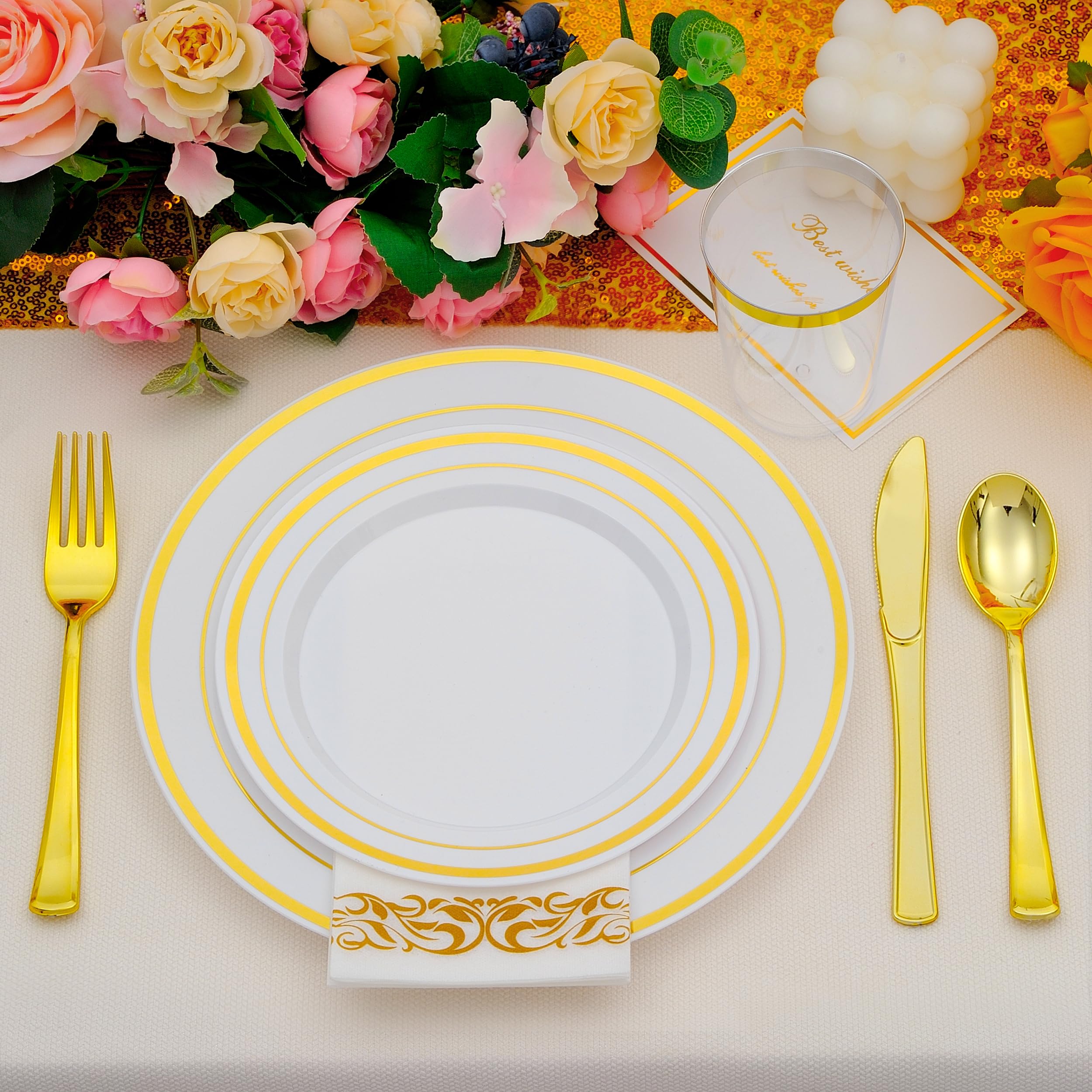 ISFANGCO 700 PCS Gold Plastic Dinnerware for 100 Guests, Gold and White Disposable Plates include 100 Dinner Plates,100 Dessert Plates,100 Silverware Set,100 Cups,100 Napkins