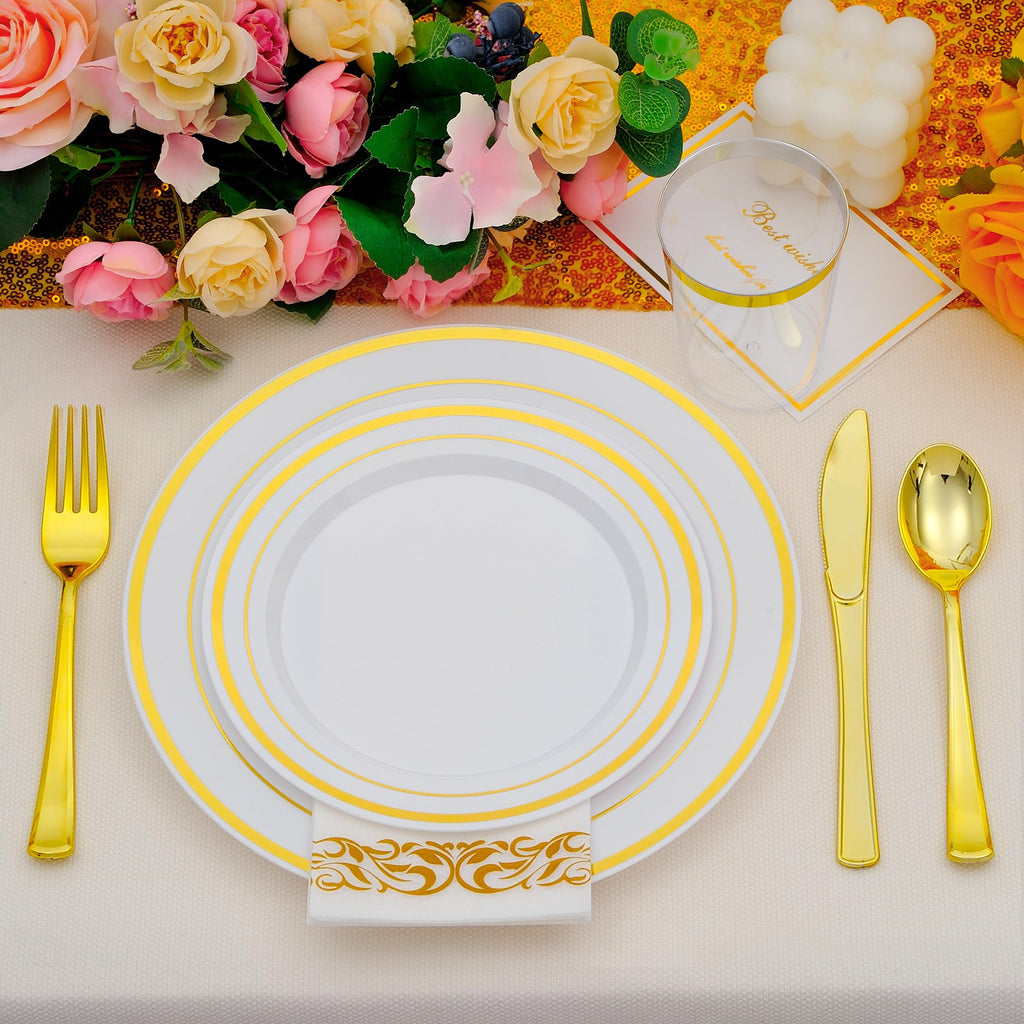 ISFANGCO 700 PCS Gold Plastic Dinnerware for 100 Guests, Gold and White Disposable Plates include 100 Dinner Plates,100 Dessert Plates,100 Silverware Set,100 Cups,100 Napkins
