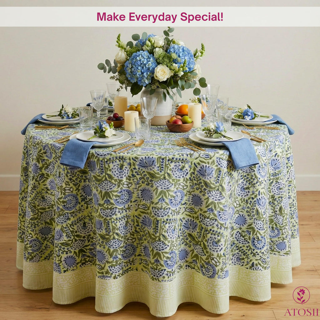 ATOSII Amara 100% Cotton Round Summer Tablecloth, Handblock Print Floral Table Cloth for Kitchen Dining Linen I Parties, Weddings, Outdoors I Grand Millennial Farmhouse Home Decor 72" Inches Round