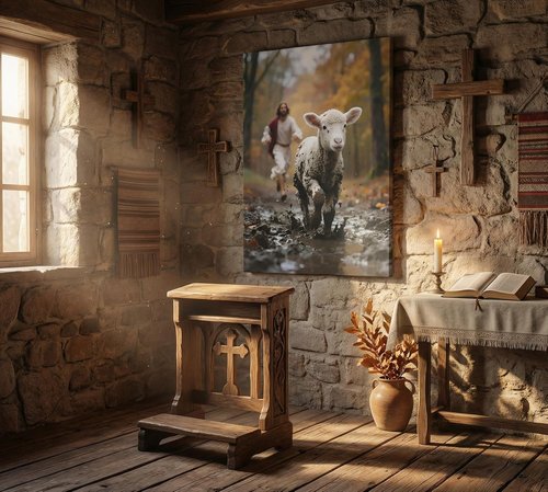 Jesus Canvas Wall Art - Good Shepherd Artwork Featuring Lost Lamb | Christian Decor for Home & Church