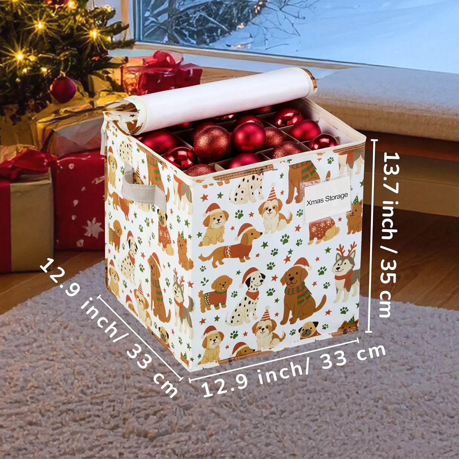 VENO Christmas Ornament Storage Box - 2 Pack with Adjustable Dividers & Zippered Top | Holds 64 Ornaments, 3 Inch Cube Compartments (Holiday Pups)