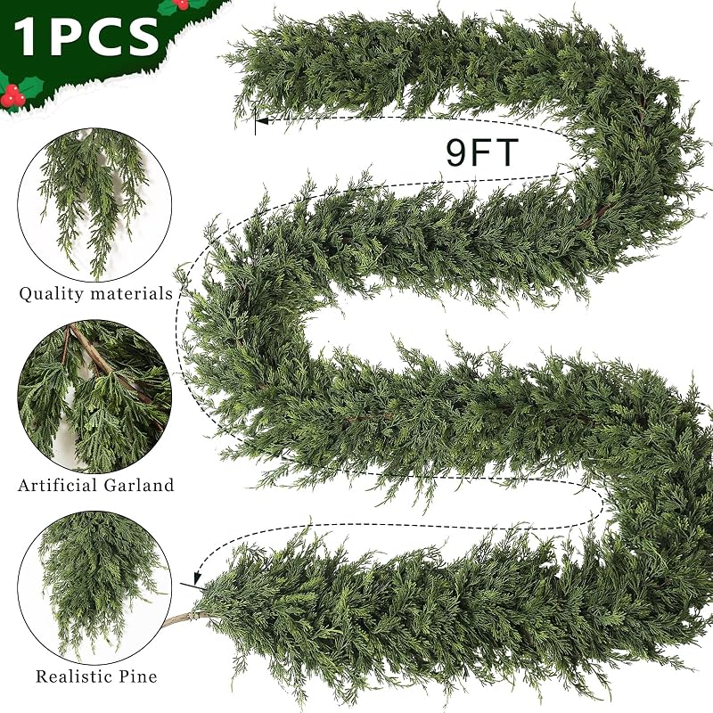 1Pcs 9FT Artificial Cedar Garland for Mantle Decor - Lifelike Touch, Christmas