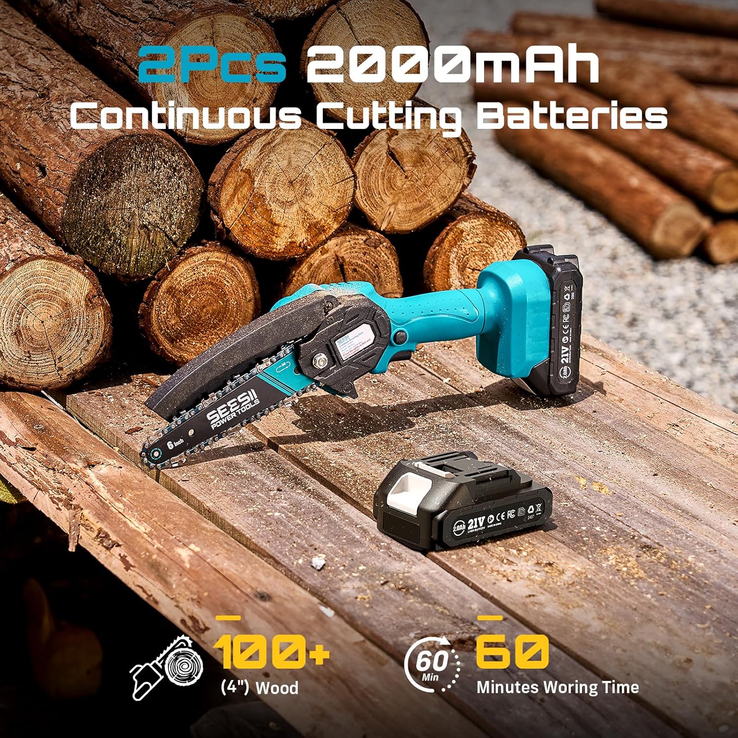Seesii Mini Chainsaw - 6-Inch Cordless Electric Power Saw with 2 Batteries | Ideal for Tree Trimming & Wood Cutting