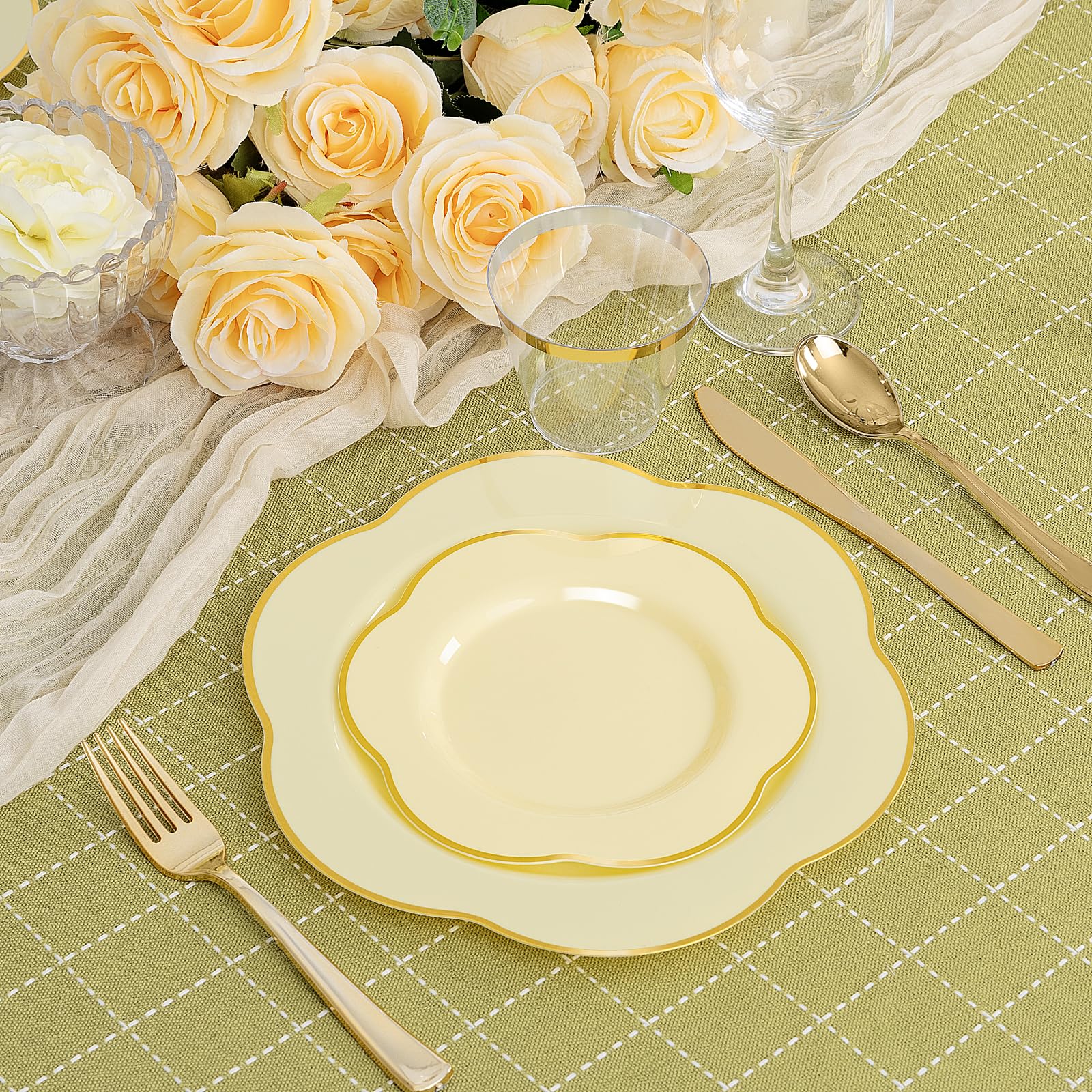 Liacere 50PCS Yellow Plastic Plates - Heavy Duty Disposable -Yellow and Gold Include 25PCS 7inch and 25PCS 10inch Plates for Mothers Day & Baby Shower & Spring & Party