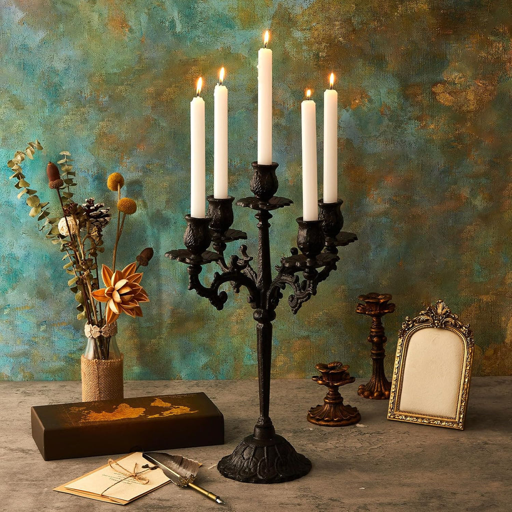 Mumufy Black 5-Arm Candelabra - Vintage Gothic Cast Iron Candle Holders | 16.7" Tall Centerpieces for Events