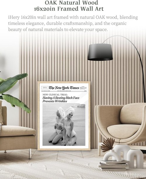 iHery Trendy Wall Art - Prevent Wrinkles with Framed Newspaper Design | Natural Oak Wood, Large 16x20in