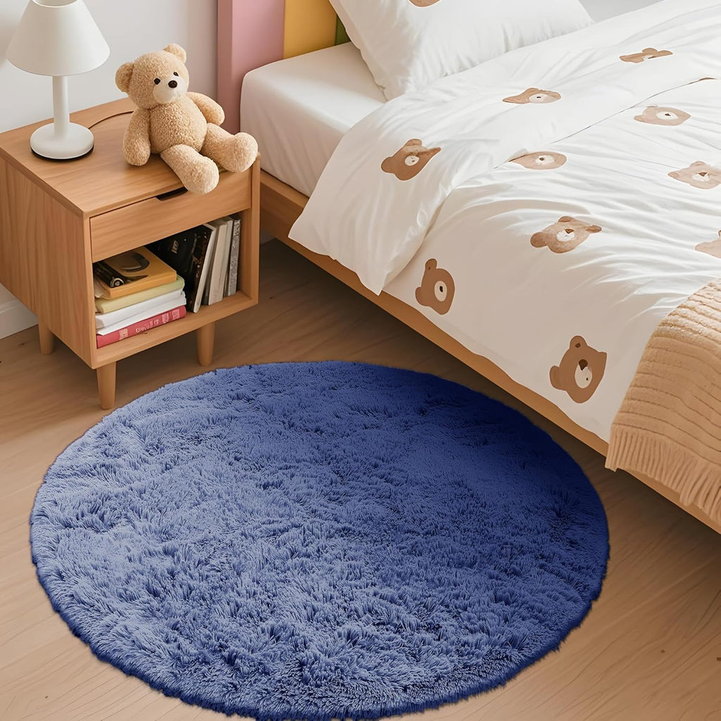 OLANLY Denim Blue Round Rug - Soft & Fluffy Machine Washable 3 ft Area Rug for Bedroom & Living Room