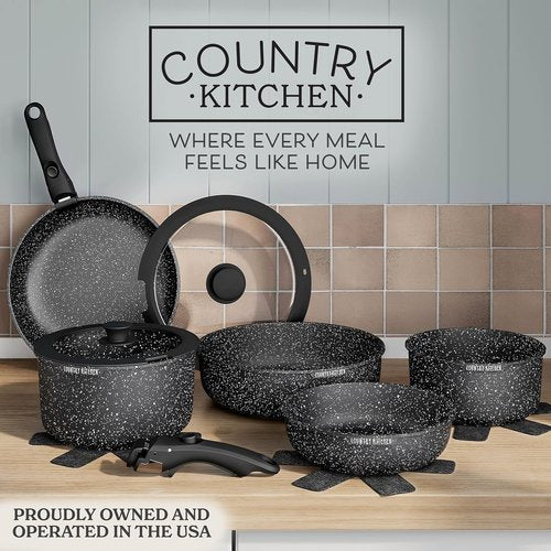 Country Kitchen Cookware Set - Removable Handle, Oven & RV Safe Pots and Pans, Black