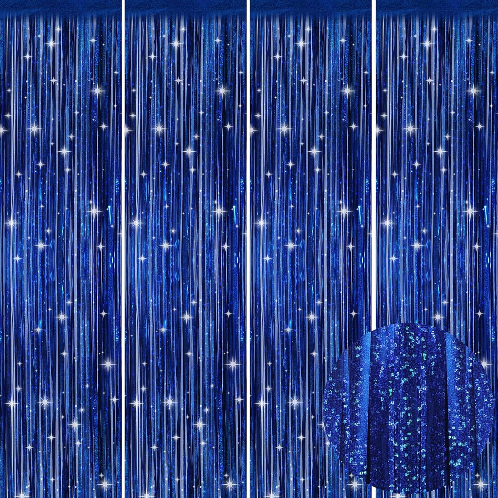 Picoway Foil Fringe Tinsel Backdrop Curtains - 4 Pack for Birthday & Bachelorette Party Decor | Blue