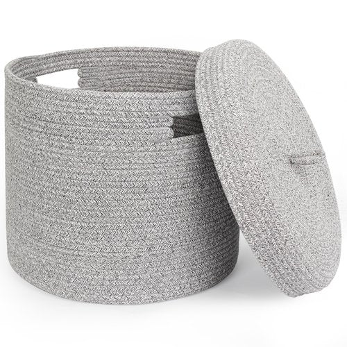 WILLITAT Storage Basket with Lid, Woven Blanket Storage for Living Room, Soft Cotton Rope Bin with Lid, Round Wicker Laundry Basket with Cover, Lidded Kid Dog Toy Box, Nursery Organizer, 15"x13", Gray