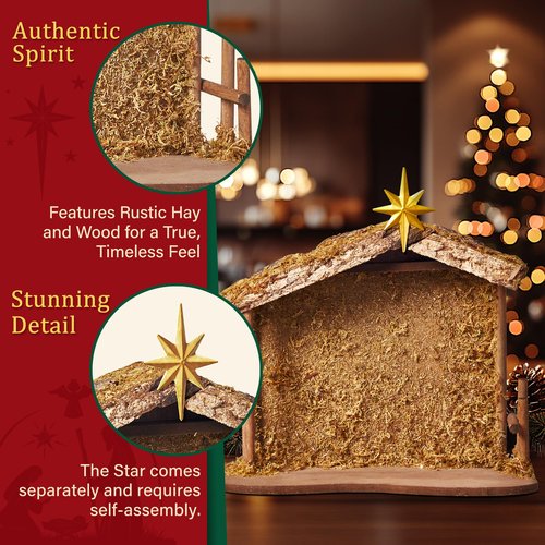 BESBLEE Wooden Nativity Stable 13.8''×11.8'' with Bethlehem Star, Fits 7-8'' Holy Family, Christmas Indoor Creche Home Desk Decor, No Figures