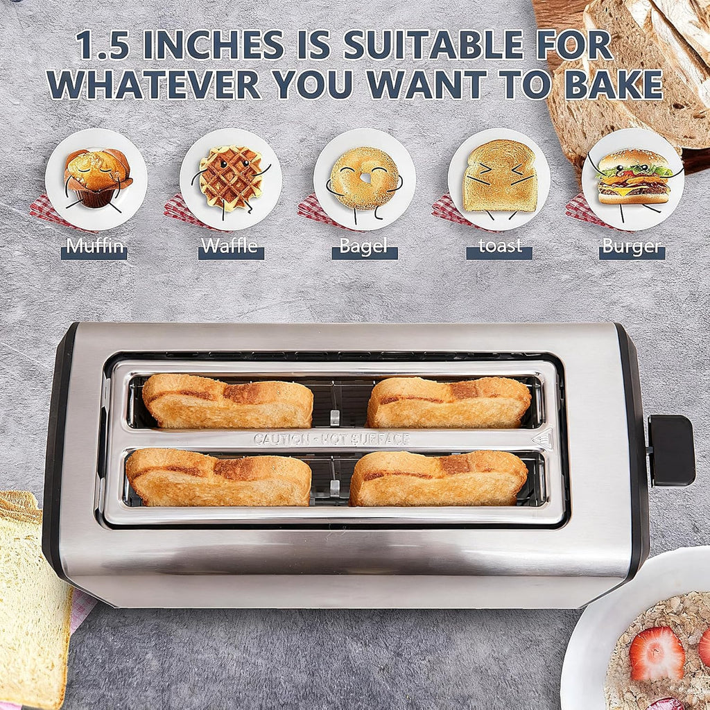 Regine Switzerland 4-Slice Stainless Steel Toaster - Extra Wide 1.5” Slots, 6 Shade Settings, Even Toasting