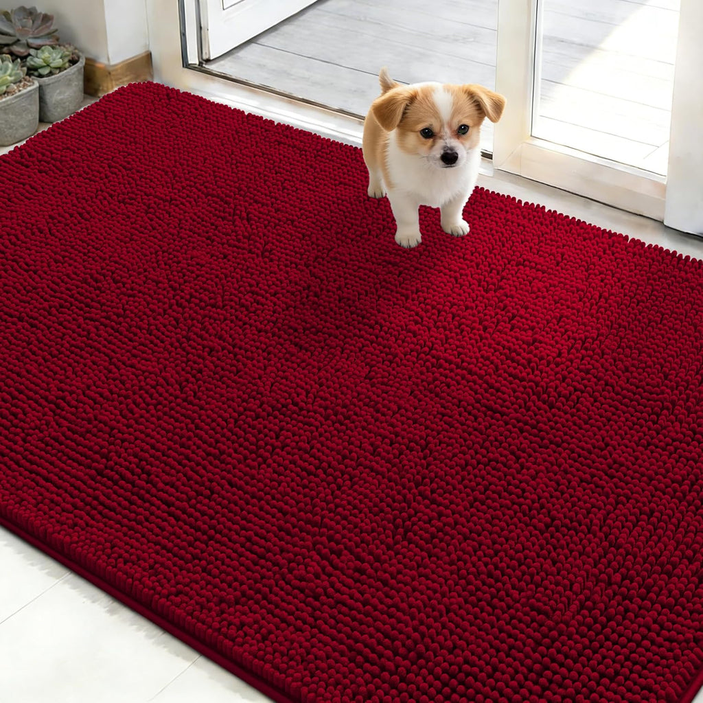 OLANLY Dog Door Mat - Absorbent Non-Slip Chenille Mat for Muddy Paws | 50x30 Inches, Quick Dry, Red