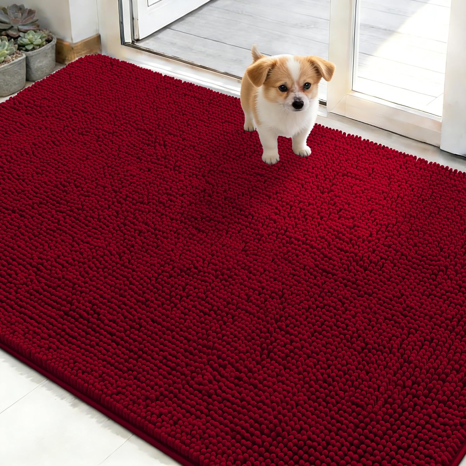OLANLY Dog Door Mat - Absorbent Non-Slip Chenille Mat for Muddy Paws | 50x30 Inches, Quick Dry, Red