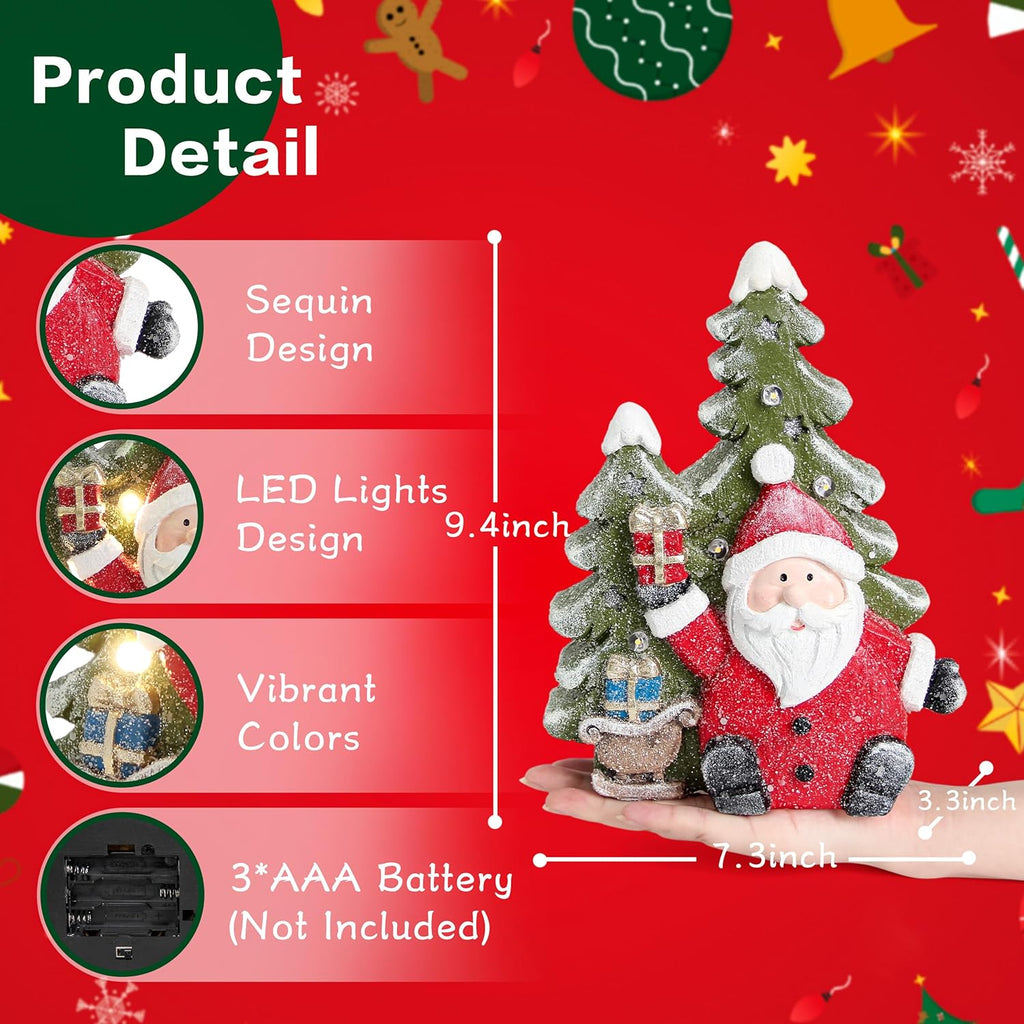 Santa Claus Statues - Christmas Decorations for Indoor Holiday Decor | Light-Up Tree Figurines for Table & Mantle