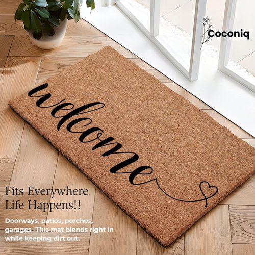COCONIQ Coir Door Mats 17" X 30", Non-Slip Sturdy, PVC Backed Heavy Duty, Easy to Clean, Ideal for Door Entrance, Patio, Porch, Backyard, Garages, Welcome with Love