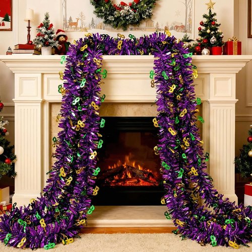 Daifunli 2 Pcs 80 ft Mardi Gras Tinsel Garland Decoration Gold Green Purple Metallic Twist Fringe Tinsel Glittering Hanging Carnival Garland for Mardi Gras Indoor Outdoor Float Home Party Deocoration