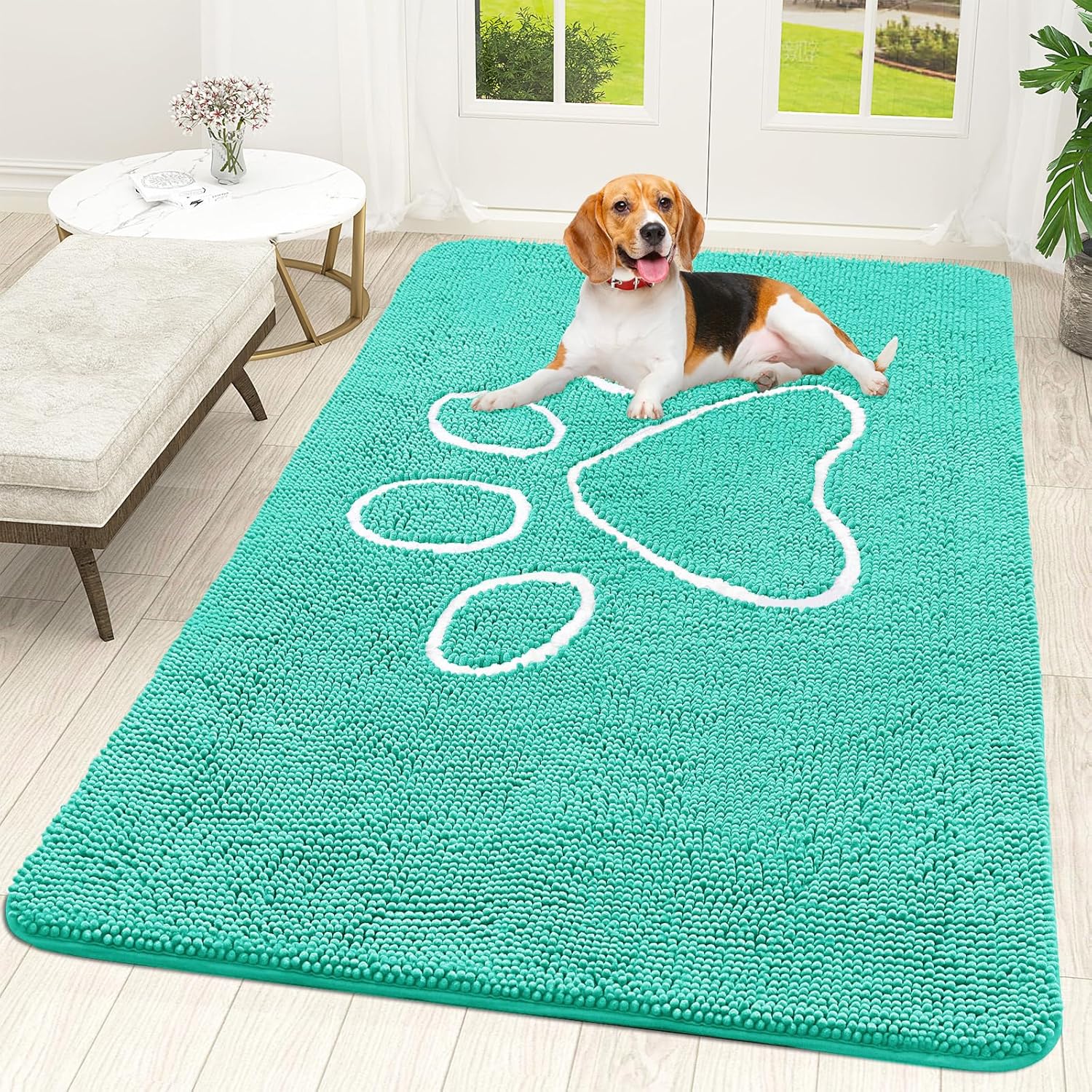 OLANLY Dog Door Mat - Absorbent Non-Slip Chenille Mat for Muddy Paws | 59x35 Teal Paw Print Design