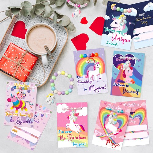 kortes Unicorn Valentines Day Cards for Kids Classroom, 24 Pack Valentines Gift Cards with Bead Bracelets, Valentine's Party Favors Toys for Girls and Valentine School Exchange Gifts Greeting Cards