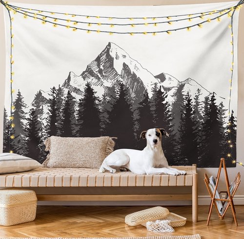 Ambesonne Prehistoric Tapestry, Mountain Fir Forest and Arrow Folk Style Retro Print, Wide Wall Hanging for Bedroom Living Room Dorm, 60" X 40", Dimgrey