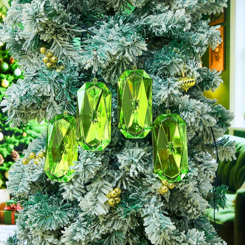 Syhood 4 Pack Green Jewel Ornaments - 5.7 Inch Acrylic Glitter Decorations for Christmas Tree & Holiday Parties