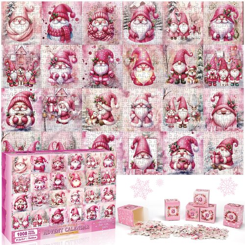 Advent Calendar Puzzle 2025: 1008 Pcs Pink Tomte gnomes Puzzle to Enhance Observation Skills and Boost IQ, 24-Day Christmas Countdown for Kids and Adults