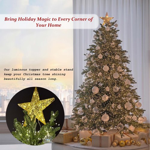 10FT Christmas Tree Stand for Real & Artificial Trees, 24" Base Holds up to 10 ft Live Trees & 3D Tree Topper with Timer, 20 Clear Lights & 8 Light Modes (Gold)