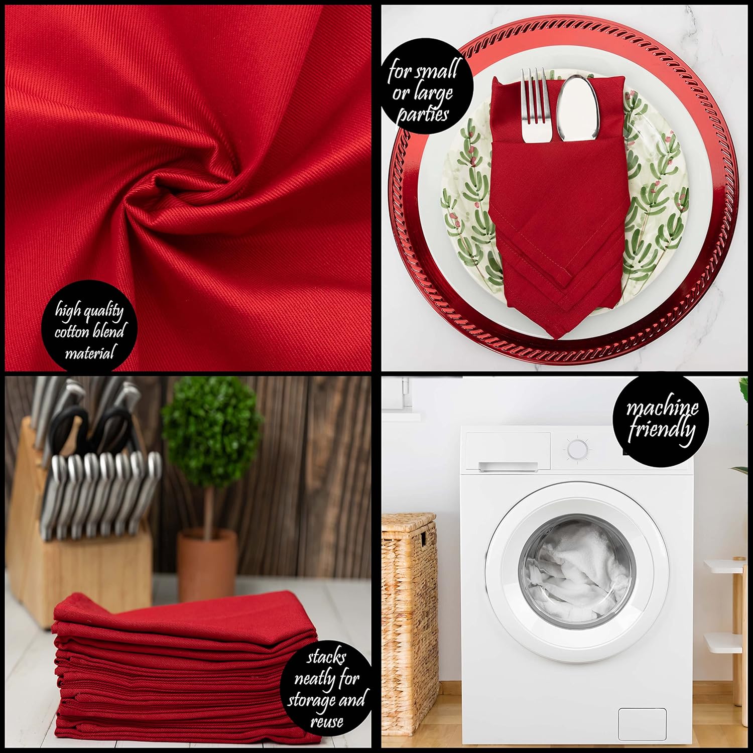 PERLLI Christmas Red Cloth Dinner Napkins - Soft Cotton Blend, 12 Pack, 18x18 Inches, Washable & Reusable