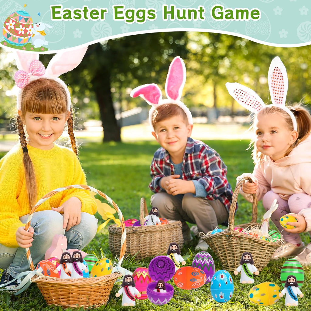 Skiennix Easter Basket Stuffers - 60 PCS Colorful Eggs & Religious Jesus Figurines for Kids