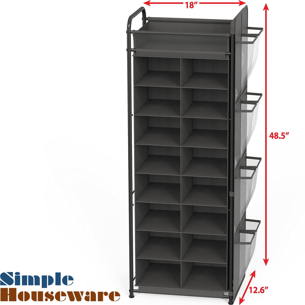 Simple Houseware 16 Cube Shoe Stand Tower Rack 8 Tier with Top Shelf and Side Hanging Pockets, Dark Gray