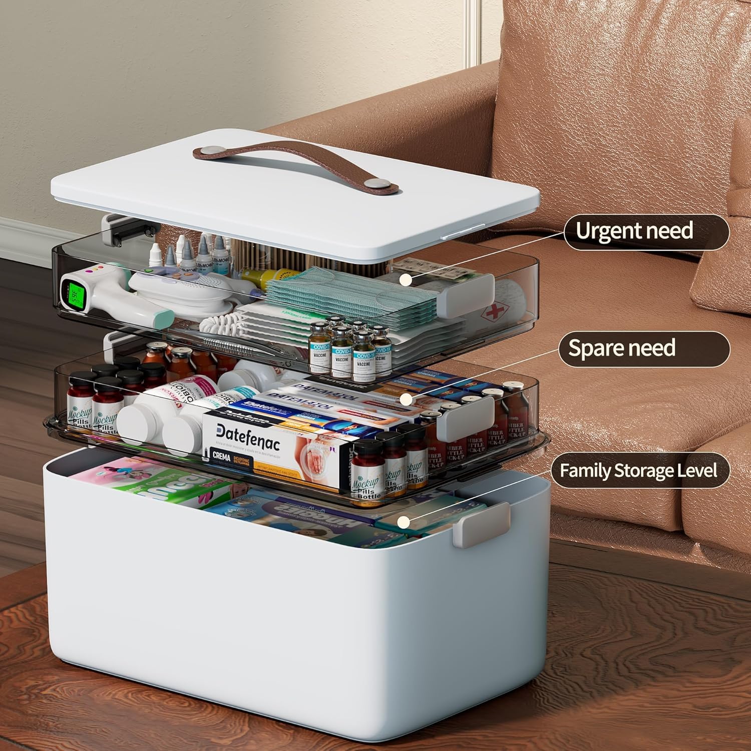 Spreezy 3-Tier Medicine Organizer - Clear Compartment Storage Box with Handle for Pills & Bandages