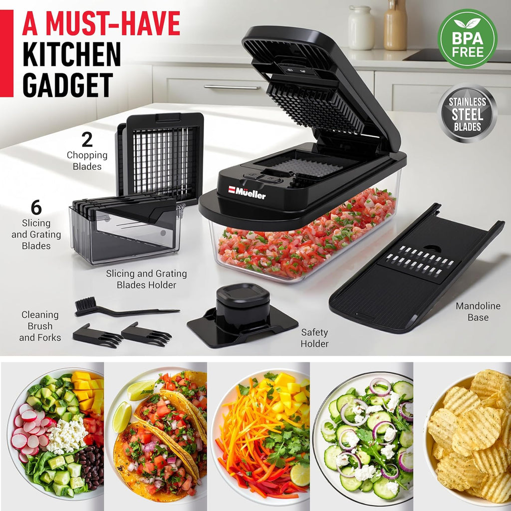 Mueller Pro-Series Vegetable Chopper - 10-in-1 Mandoline Slicer & Onion Mincer | Kitchen Essential in Black