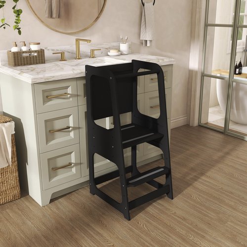 Dream On Me Explora Tower & Step Stool in Black – Solid Pinewood Kids Tower with 3 Adjustable Heights, Anti-Slip Base, Chalkboard for Creative Play