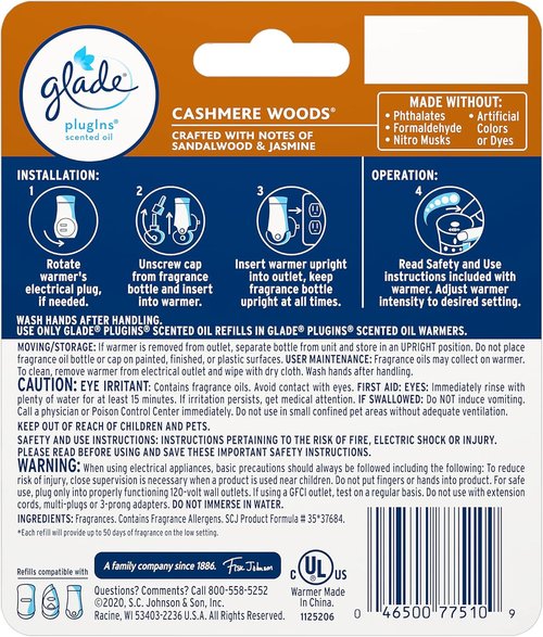 Glade PlugIns Air Freshener Starter Kit - Cashmere Woods Scent with Essential Oils | 0.67 Fl Oz, 1 Warmer + 1 Refill