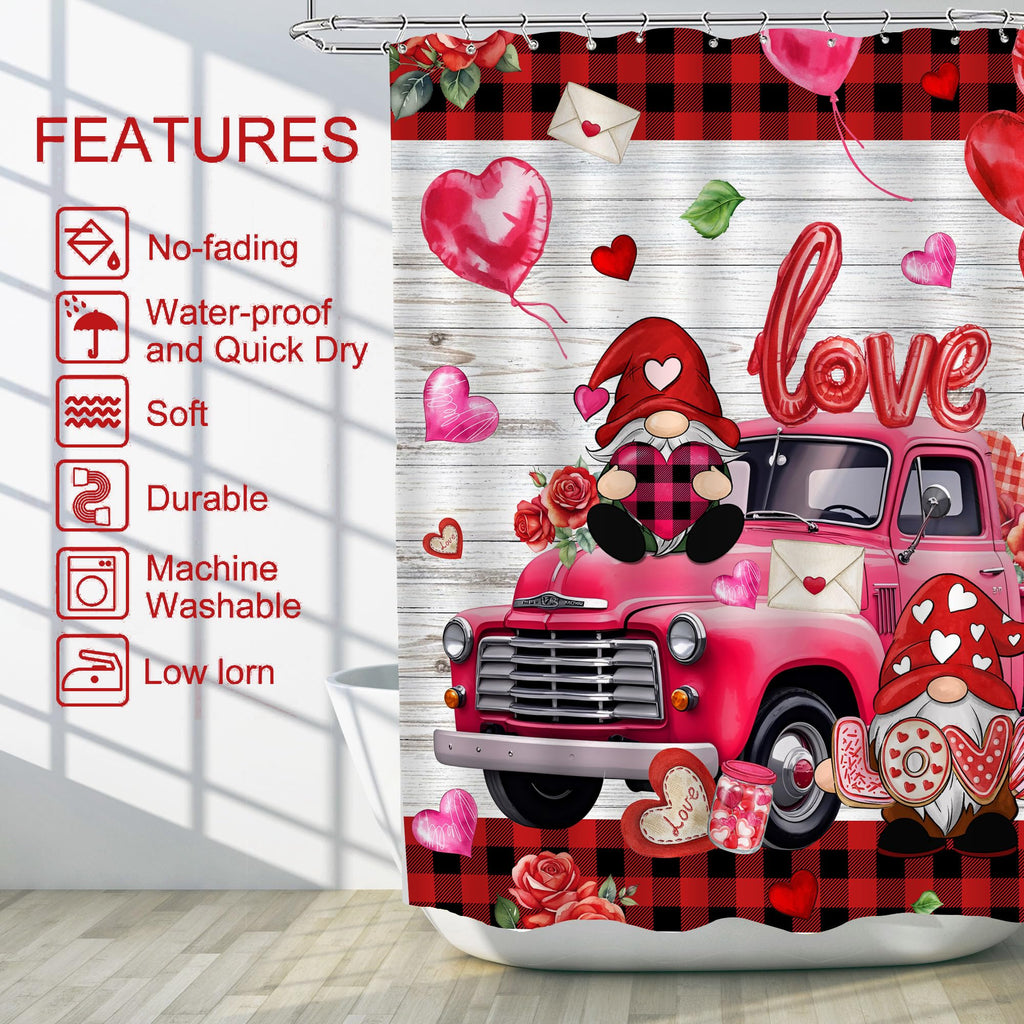 Unibyby Valentines Day Shower Curtain, Valentine Curtain for Bathroom, Red Valentine's Truck and Gnomes with Buffalo Plaid Waterproof Bath Curtains with Hooks for Decorations Gifts, 71x71 Inches
